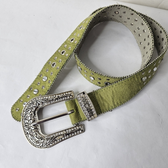 Green Suede Leather Studded Belt Large Chunky Silver Floral Rhinestone Buckle S - Picture 1 of 6
